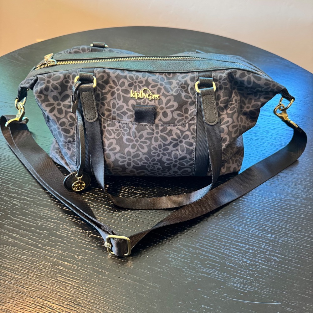Kipling Black Grey Floral Nylon Satchel Crossbody Bag Gold Hardware Charm - Picture 15 of 15